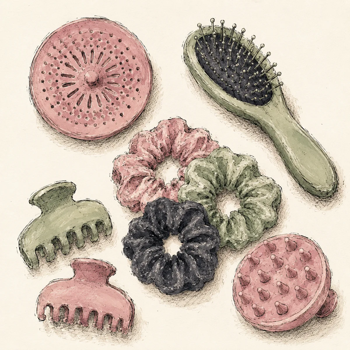 Illustration of the five-piece kit: a round silicone shower-drain hair catcher, a gentle detangling brush with flexible bristles, three silk scrunchies, two matte claw clips, and a silicone scalp massager.